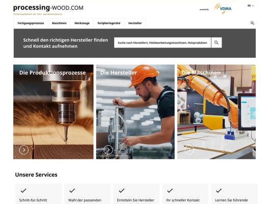 Screenshot der Webseite processing-wood.com mit Suchfunktion und Kacheln zu Produktionsprozessen, Herstellern und Holzbearbeitungsmaschinen.