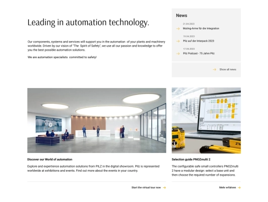 Website-Layout von Pilz mit News, virtuellem Showroom und einem Leitfaden für Steuerungssysteme.