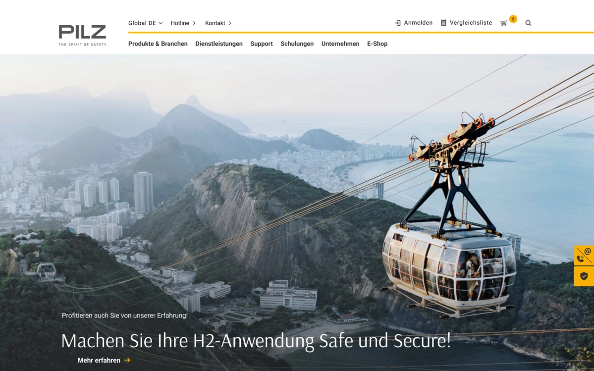 Die Pilz Startseite mit einer Seilbahn als Keyvisual.