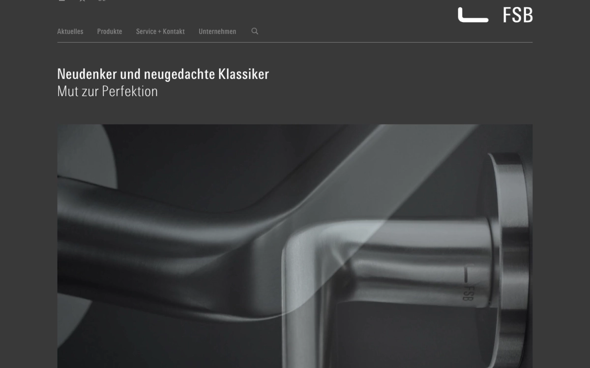 Detail shot of an FSB-branded, satin-finish metal door handle with an ergonomic curved grip, seen against a dark background