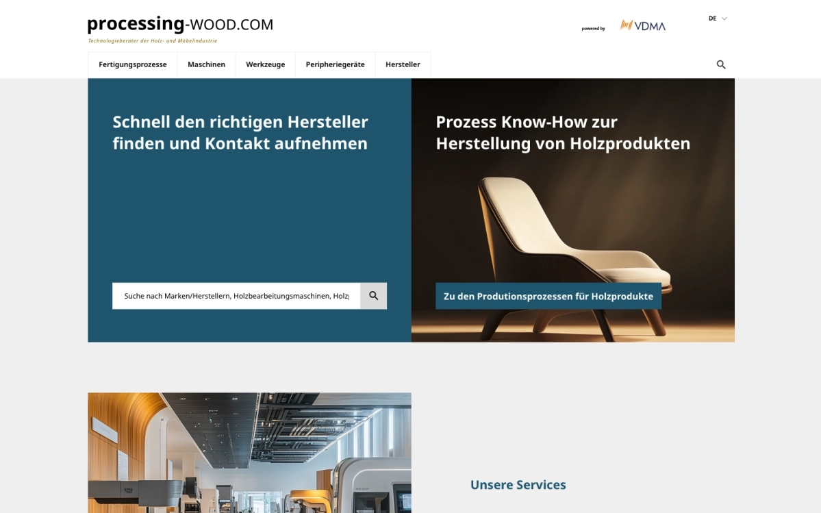 Startseite des Webportals processing-wood.com – Technologieberatung für die Holz- und Möbelindustrie mit Fokus auf Fertigungsprozesse und Herstellersuche.