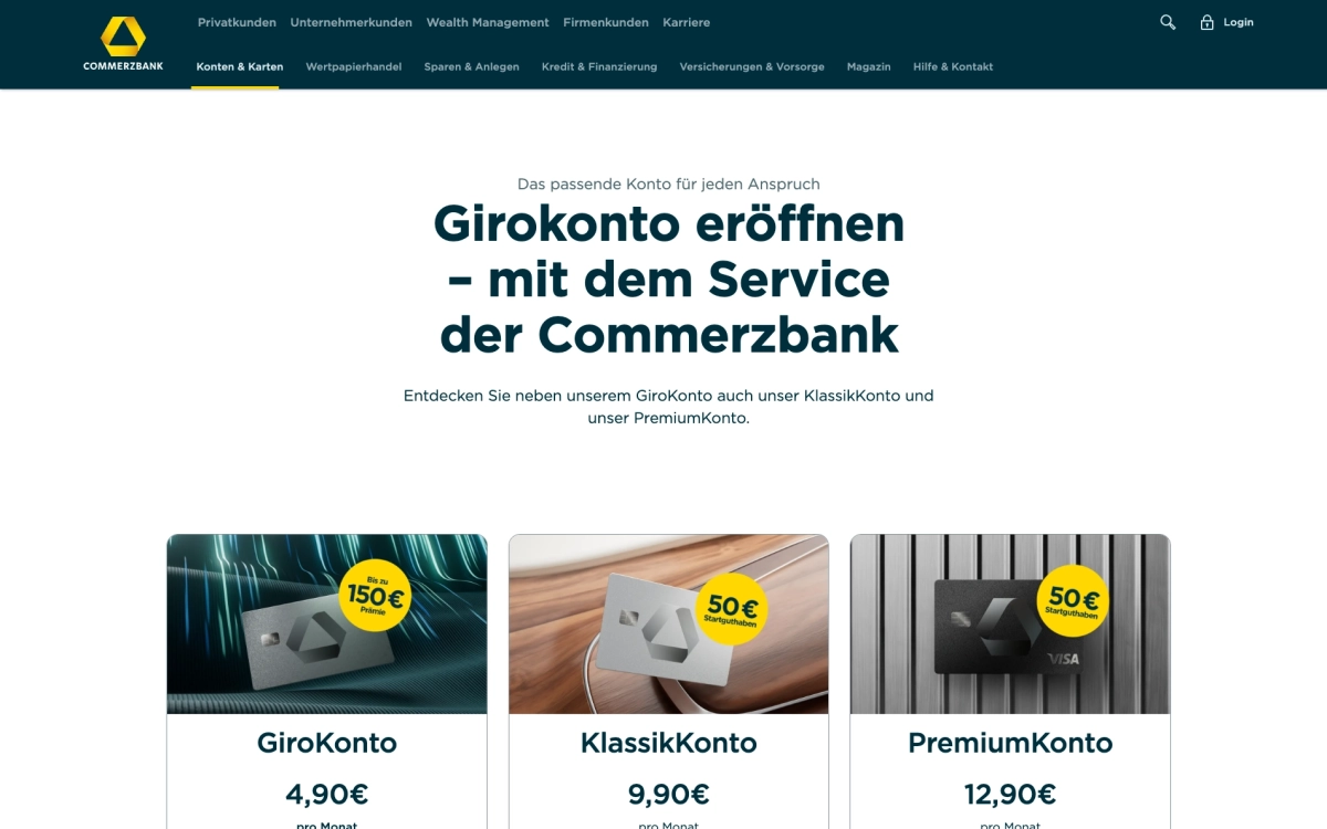 Screenshot einer Webseite mit Informationen über Commerzbank Girokonten.