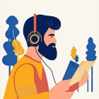 Illustration eines bärtigen Mannes mit Kopfhörern, der konzentriert in einem Dokument liest, umgeben von stilisierten blauen und gelben Bäumen.