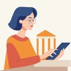 Illustration einer Frau mit Brille am Tablet vor der Silhouette eines gelben Gebäudes.