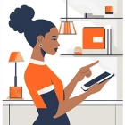 Illustration einer Frau mit Dutt, die auf ein Tablet deutet, in einem modern gestalteten Raum mit Regalen und Lampen.