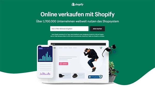 Shopify-Landingpage mit grünem Hintergrund, Überschrift zum Onlineverkauf, Eingabefeld für E-Mail-Adresse sowie Laptop-Illustration mit Shop-Dashboard, Smartphone-Grafiken und springender Person.