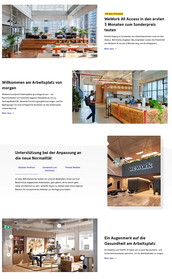 WeWork-Webseite mit hellen Fotos moderner Coworking-Spaces, offenen Arbeitsbereichen, Empfangsbereich und Sitzlounge, ergänzt durch Texte zu flexiblen Arbeitsmodellen und Gesundheit am Arbeitsplatz.