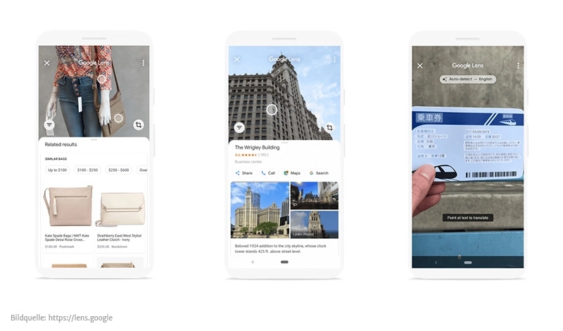 Drei Smartphone-Ansichten zeigen eine visuelle Suchfunktion, die Kleidung, ein Gebäude und einen Text scannt und passende Informationen einblendet.
