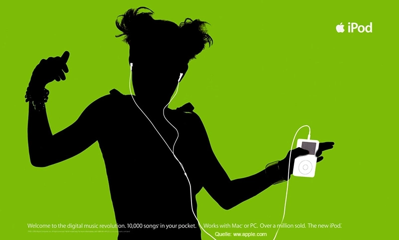 Schwarze Silhouette einer tanzenden Person mit Kopfhörern und tragbarem Musikplayer vor leuchtend grünem Hintergrund, dynamische Pose mit erhobenen Armen.