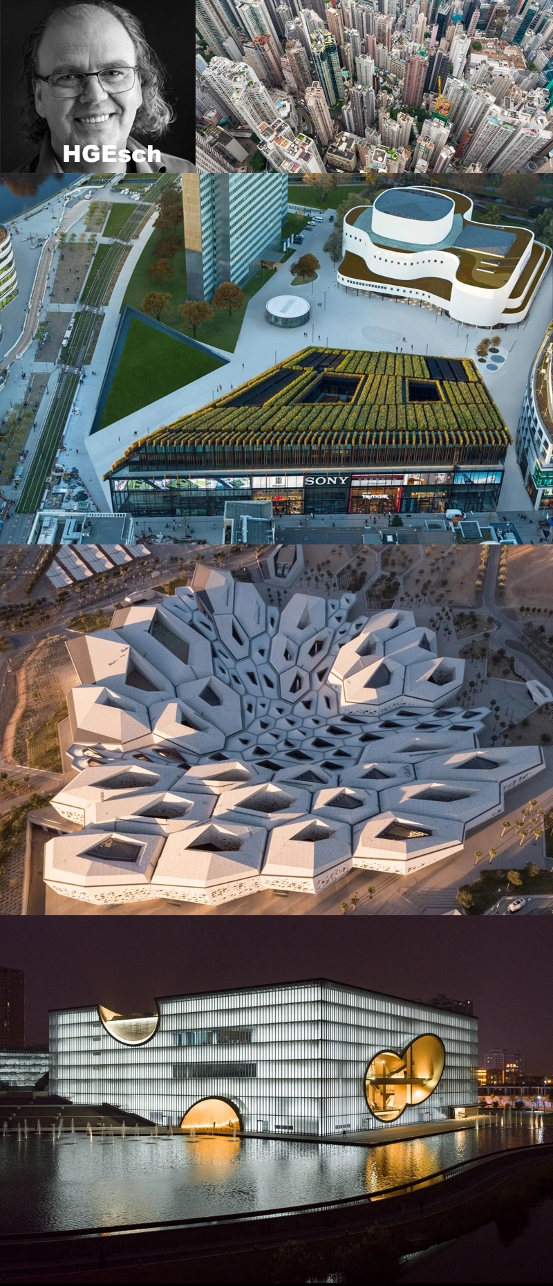 Vertikale Bildcollage mit Porträtfoto oben, darunter Luftaufnahmen dichter Hochhäuser sowie mehrerer moderner, markanter Architekturprojekte aus unterschiedlichen Perspektiven.