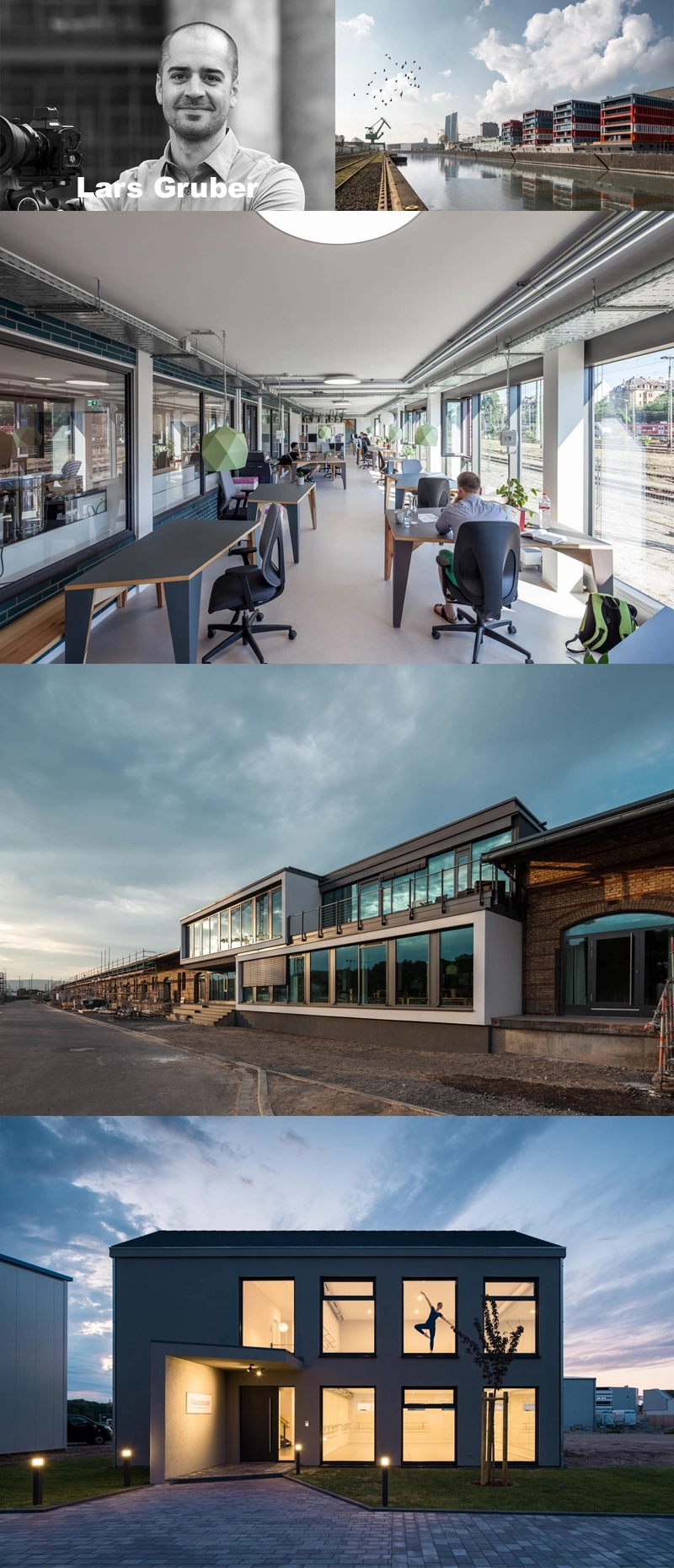 Bildcollage mit Porträt eines Mannes neben Kamera, Hafenansicht mit modernen Gebäuden, offenem Büroarbeitsraum, Industriegebäude und beleuchtetem Neubau bei Dämmerung.