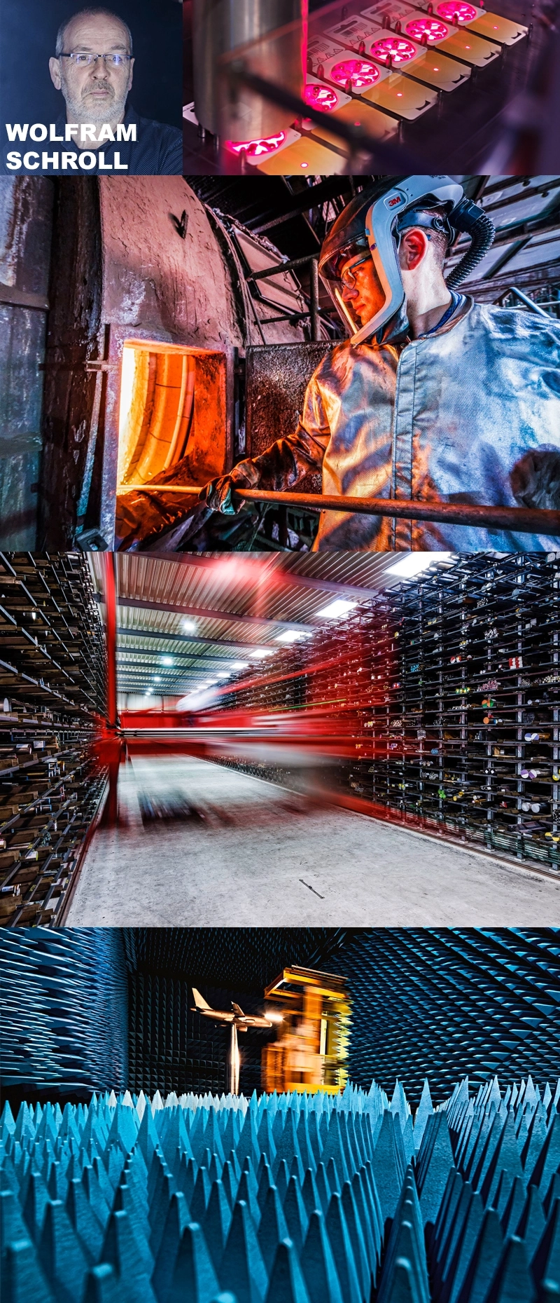 Mehrteiliges Industriebild mit Porträt, glühenden Fertigungsprozessen, Arbeiter an einem Ofen, Hochregallager mit Bewegung und einem Messraum mit technischen Strukturen.