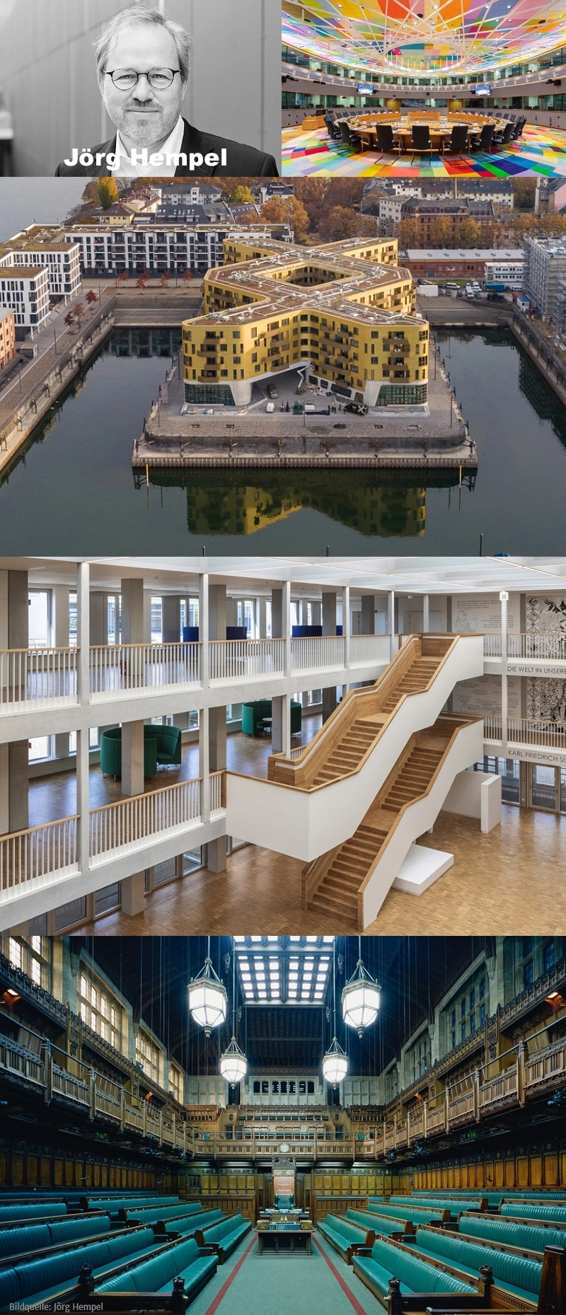 Mehrteiliges Bild mit Porträt eines Architekten, farbigem Konferenzraum, Luftaufnahme eines modernen Gebäudes sowie Innenansichten markanter Architektur.