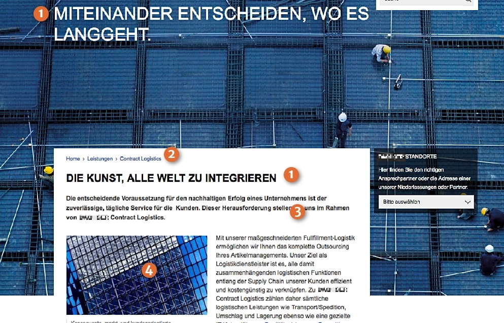 Vogelperspektive auf eine Baustelle mit Stahlgitter und arbeitenden Personen in Helmen, darübergelegt eine Website-Ansicht mit Textbereichen und nummerierten Markierungen.