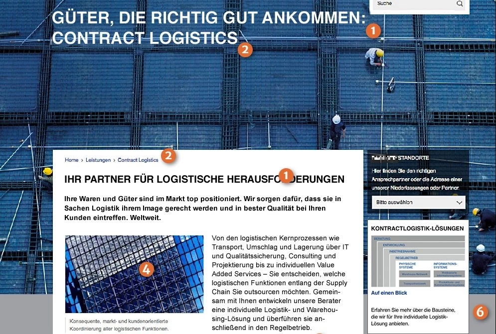 Vogelperspektive auf eine Baustelle mit Stahlgitter und arbeitenden Personen in Helmen, darübergelegt eine Website-Ansicht mit Textbereichen und nummerierten Markierungen.