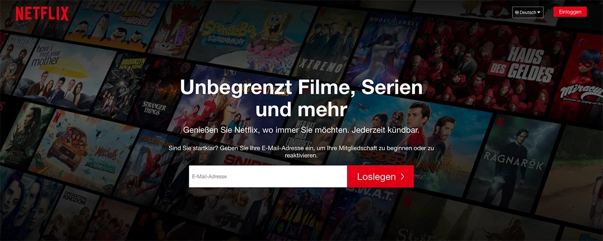 Netflix-Startseite mit dunklem Hintergrund aus Film- und Serienpostern, zentraler Überschrift zu unbegrenztem Streaming sowie Eingabefeld für E-Mail-Adresse und rotem Startbutton.