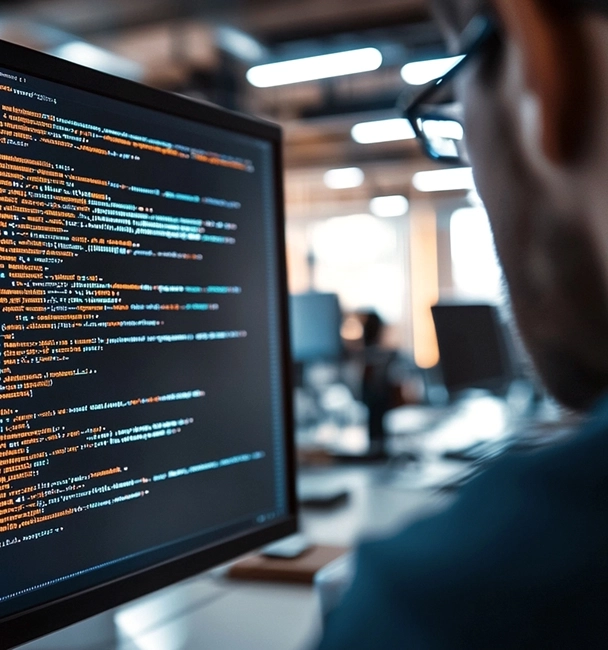 Ein Programmierer arbeitet an einem Computerbildschirm mit Code in einem modernen Büro. Unscharfer Hintergrund mit Schreibtischen.