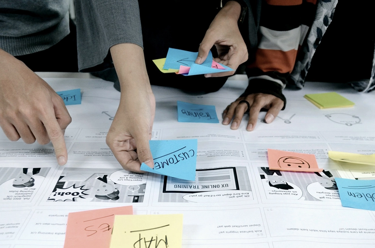 Hände von Personen, die während eines Workshops bunte Haftnotizen auf einer Customer Journey Map anordnen.