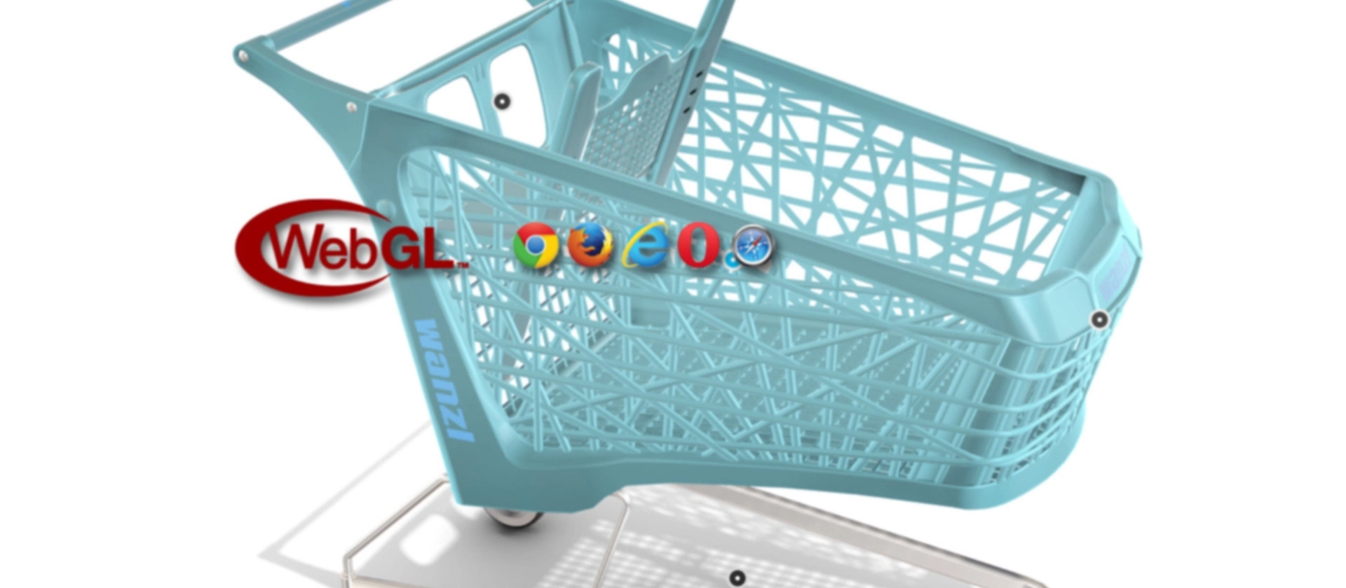 D-Visualisierung eines türkisfarbenen Einkaufswagens auf weißem Hintergrund, mit WebGL-Logo und generischen Browser-Symbolen an der Seite.