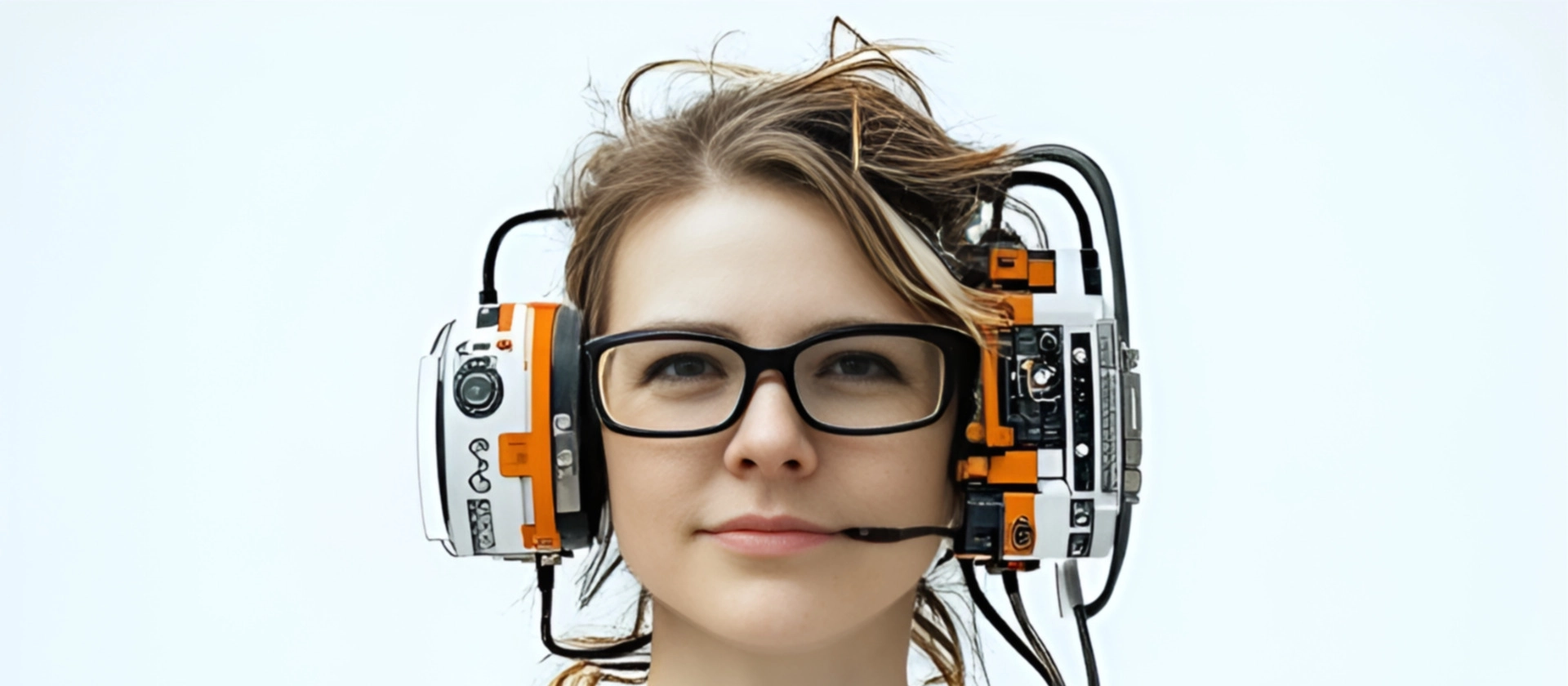 Porträt einer Frau mit Brille, die ein futuristisches, technisches Headset mit Kabeln und Modulen trägt und vor hellem Hintergrund ruhig in die Kamera blickt