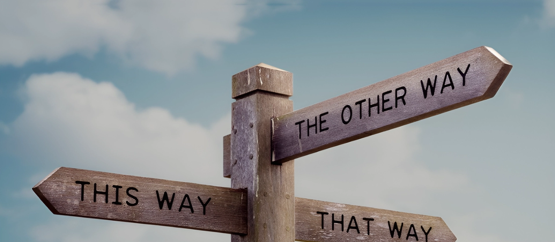 Hölzerner Wegweiser mit drei Pfeilen, beschriftet mit ‚This Way‘, ‚That Way‘ und ‚The Other Way‘, vor blauem Himmel mit vereinzelten Wolken