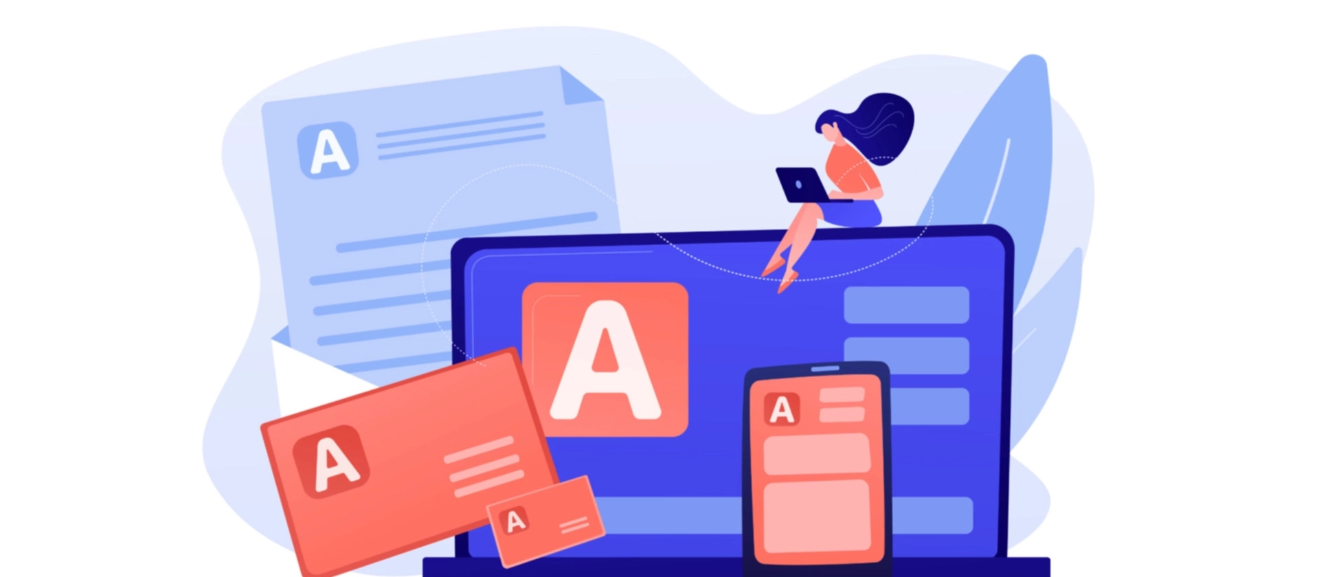 Illustration einer Contentstrategie mit Laptop, Smartphone und Dokumenten, die ein großes ‚A‘ zeigen, während eine Person mobil am Laptop arbeitet und digitale Inhalte symbolisiert werden