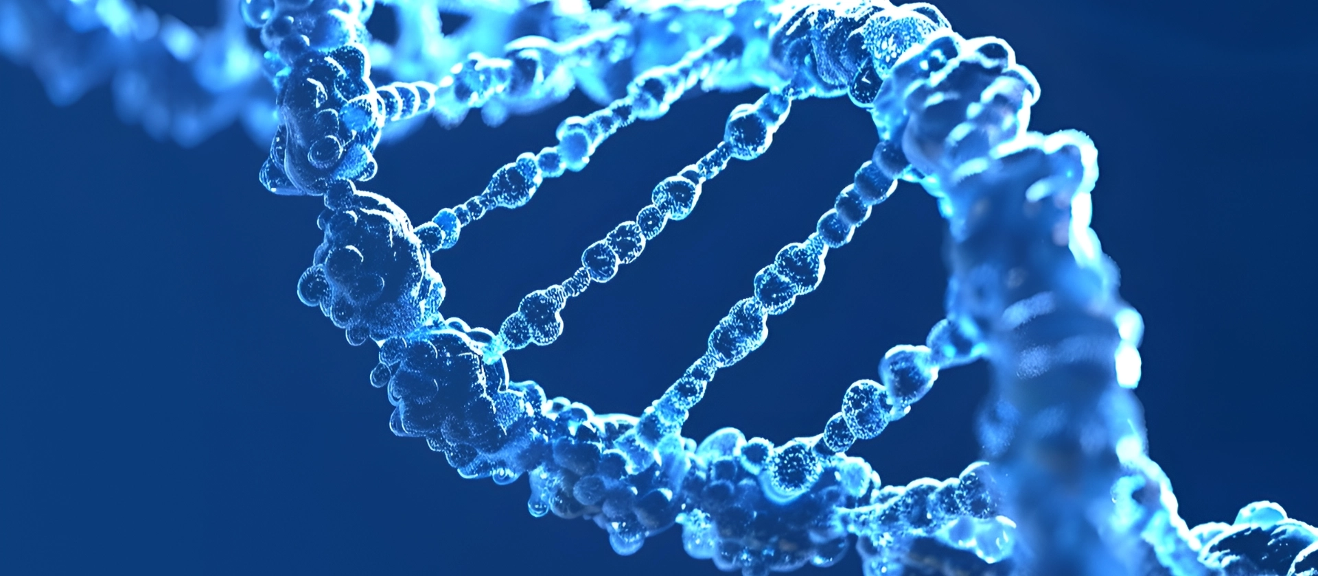 Abstrakte 3D-Darstellung einer DNA-Doppelhelix in Blau auf dunklem Hintergrund