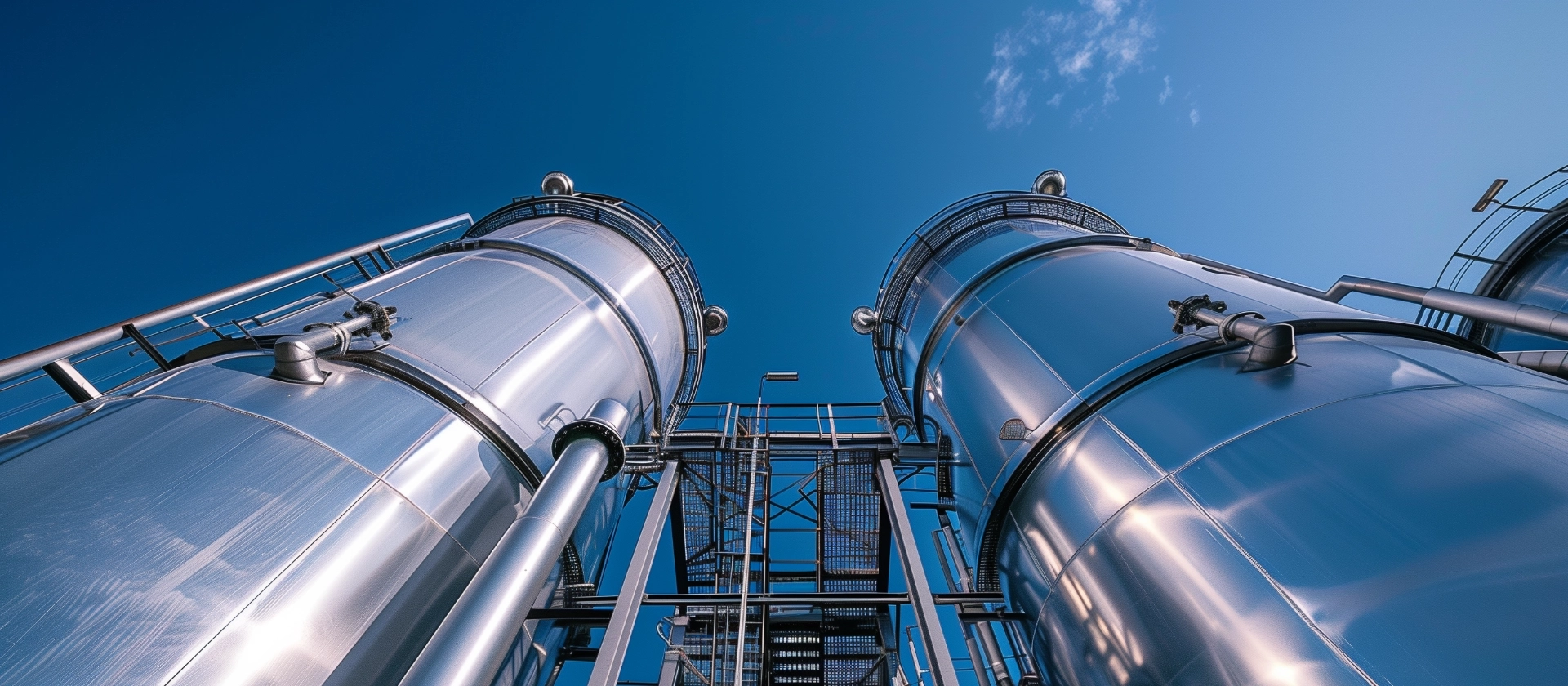 Blick nach oben auf mehrere große, zylindrische Edelstahltanks/Silos mit Geländern und Leitern vor klarem, blauem Himmel