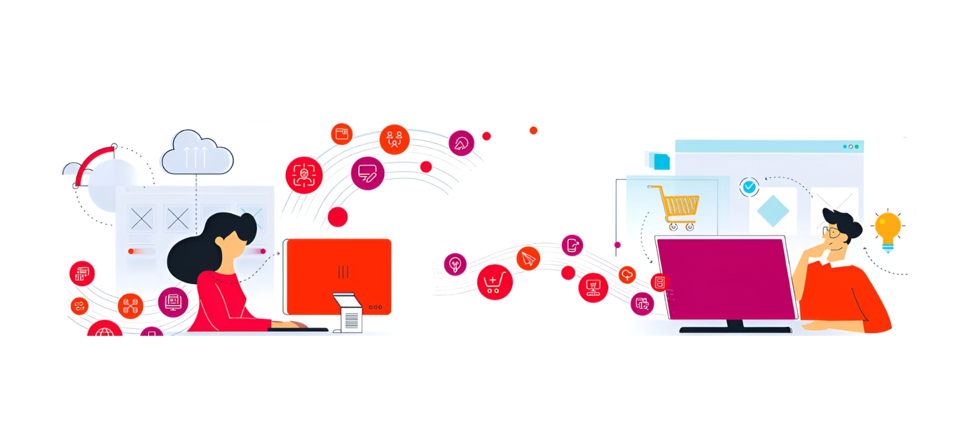 Flache Illustration mit zwei Personen an Computern, verbunden durch schwebende Symbole für E-Commerce, Cloud-Dienste und digitale Kommunikation in modernem Umfeld