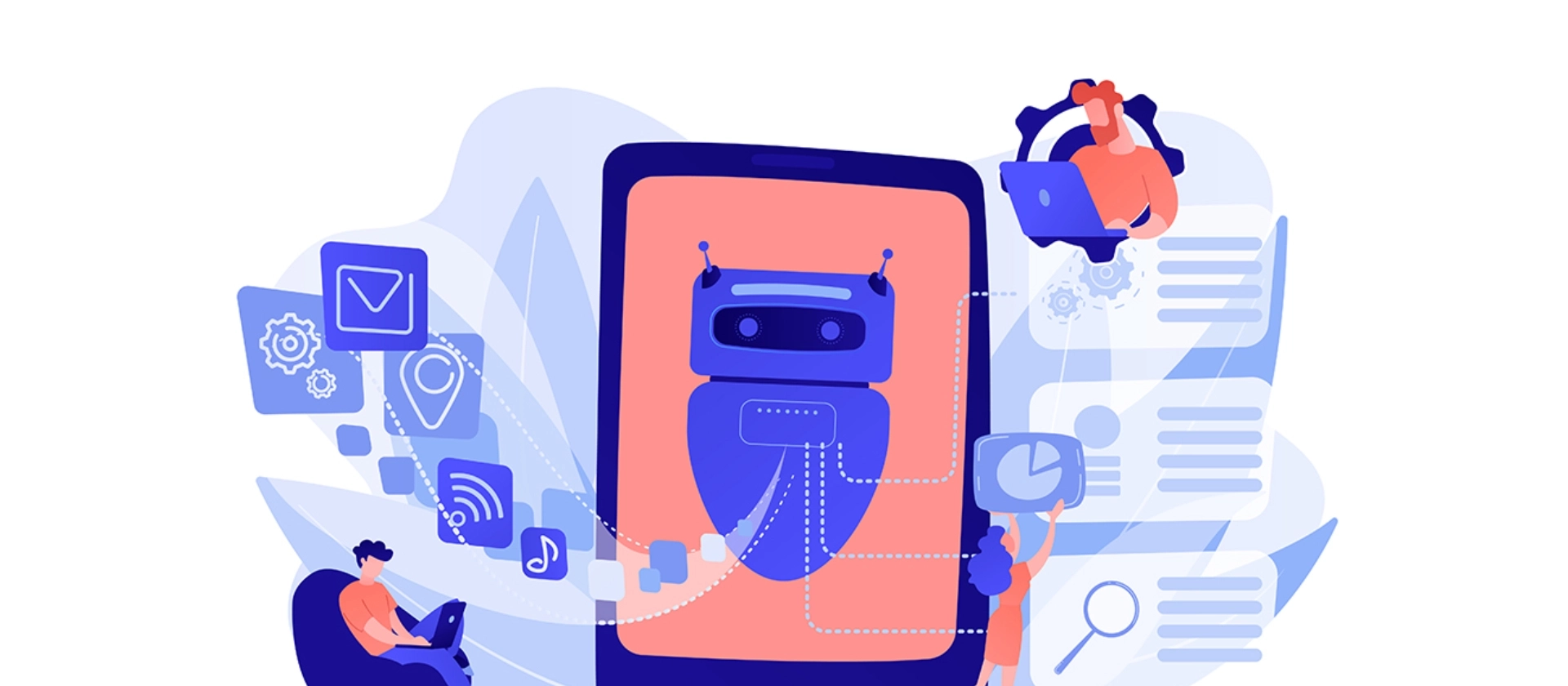 Illustration eines Chatbots auf einem Smartphone, umgeben von Personen und Symbolen für Kommunikation, Suche, Automatisierung und digitale Assistenz in einer vernetzten Arbeitsumgebung.
