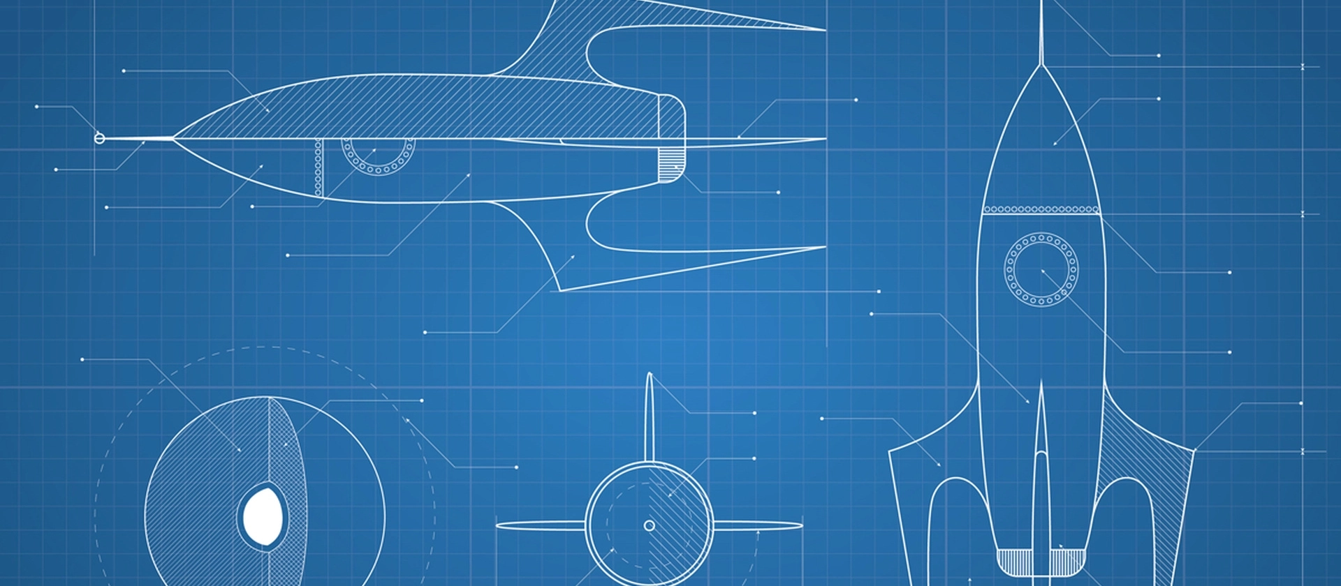echnische Blueprint-Zeichnung einer stilisierten Rakete mit mehreren Ansichten, Maßlinien und Details auf blauem Rasterhintergrund, die eine konstruktive, futuristische Stimmung vermittelt.