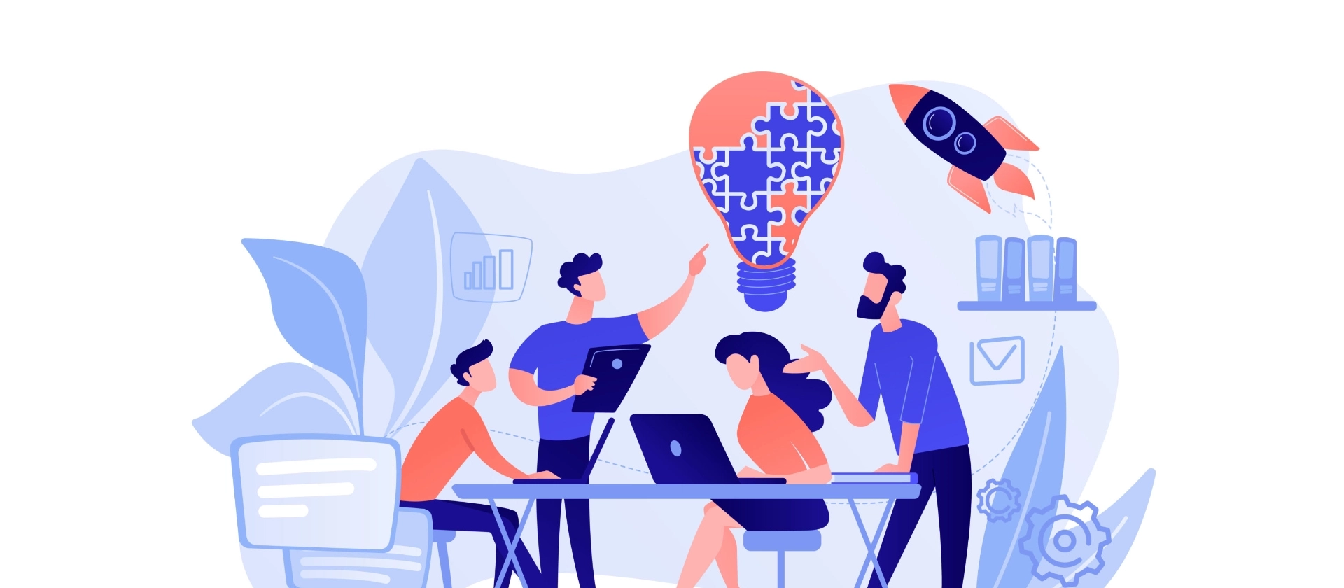 Illustration eines Teams, das gemeinsam an einem Tisch mit Laptops arbeitet, Ideen austauscht und eine große Glühbirne aus Puzzleteilen als Symbol für Kreativität und Innovation entwickelt.