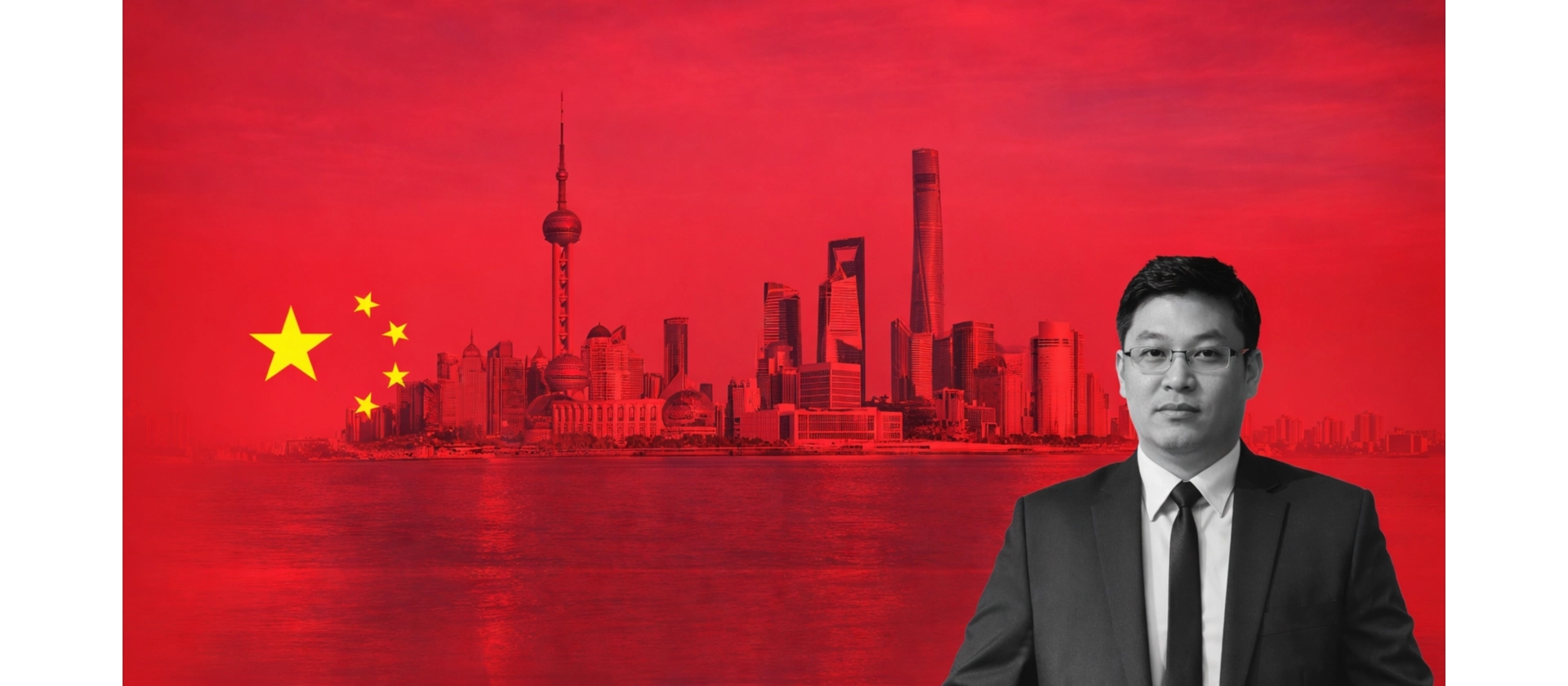 Rote Stadtlandschaft mit moderner Skyline am Wasser, links ein Sternenmotiv, rechts im Vordergrund ein Mann im Anzug vor dramatisch gefärbtem Himmel.