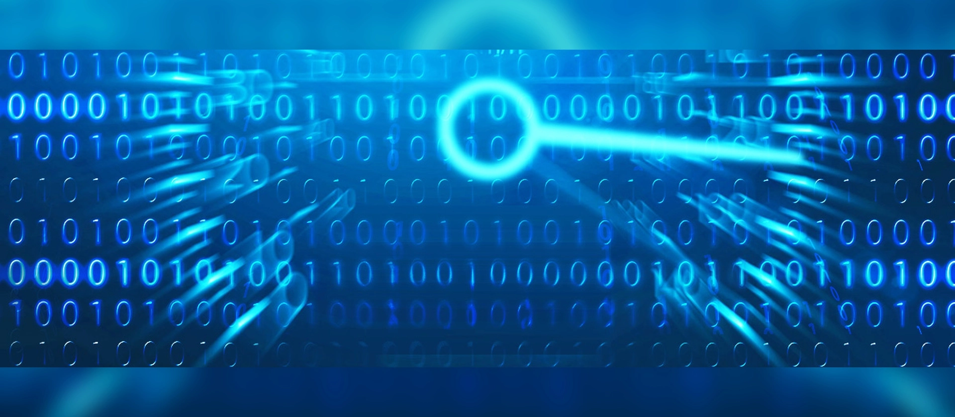 Abstrakte blaue Digitalgrafik mit strömenden Binärzahlen, dynamischen Lichtspuren und einem leuchtenden Kreis, eingebettet in einen weich verlaufenden digitalen Hintergrund.“