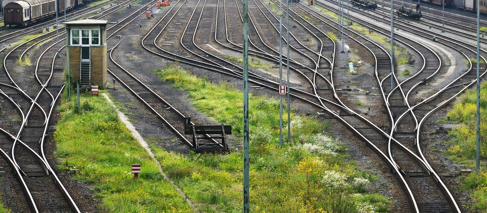 Weitläufiger Güterbahnhof mit zahlreichen sich verzweigenden Gleisen, abgestellten Güterwaggons und einem Stellwerk, eingebettet in grüne Vegetation unter ruhiger Atmosphäre.