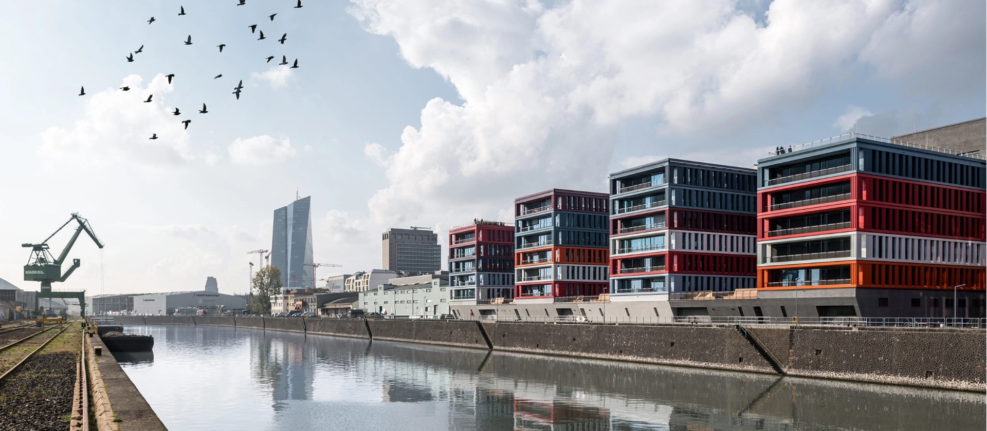 Hafenkana in Frankfurt am Main mit ruhiger Wasseroberfläche, farbigen Bürogebäuden am Ufer, Krananlage links und Vögeln am Himmel unter großen, hellen Wolken