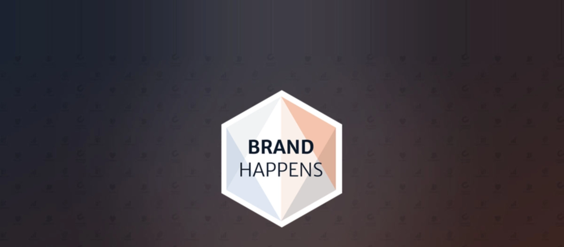 Zentrales sechseckiges Logo mit der Aufschrift „Brand Happens“ steht vor einem dunklen, weich verlaufenden Hintergrund und wirkt modern, ruhig und markenorientiert.