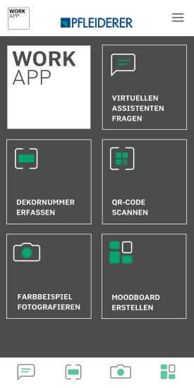 Ein Smartphone mit der Startseite der "Pfleiderer Work App", die Funktionen wie "Dekor Assistentin PIA fragen", "Dekornummer erfassen" und "Moodboard erstellen" anzeigt.