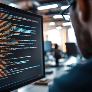 Ein Programmierer arbeitet an einem Computerbildschirm mit Code in einem modernen Büro. Unscharfer Hintergrund mit Schreibtischen.