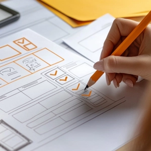 Eine Hand zeichnet mit einem orangefarbenen Stift Häkchen in die Kästchen eines Wireframe-Entwurfs auf Papier.