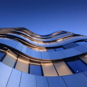 Die geschwungene, modern beleuchtete Fassade eines Gebäudes aus der Froschperspektive vor einem tiefblauen Abendhimmel.