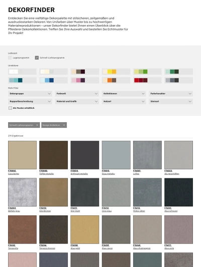 Der Dekorfinder mit Filteroptionen für Dekorgruppen, Farbwelt, Kollektionen und mehr. Darunter werden Suchergebnisse in Kachelansicht dargestellt.