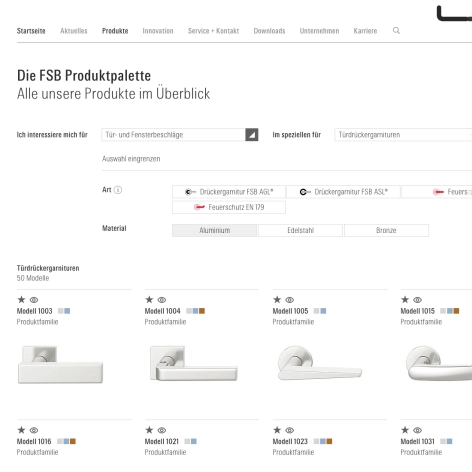 Die FSB Produktpalette für Türdrückergarnituren. Oben Filtermöglichkeiten und darunter eine Übersicht aller Modelle in heller Ausführung.