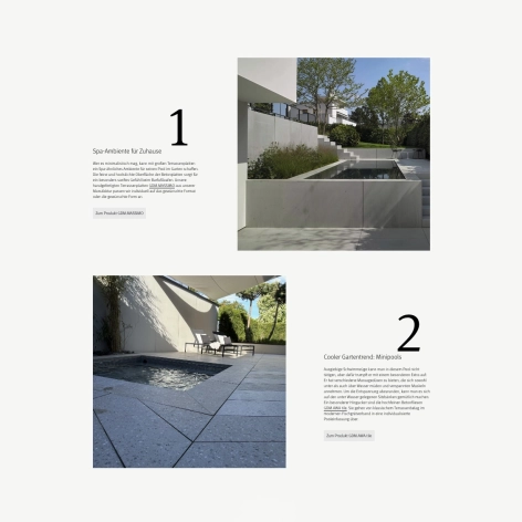 Modern outdoor spaces featuring minimalist pool and terrace designs. The first image shows a sleek concrete pool integrated into a terraced garden with clean lines and greenery, creating a serene spa-like atmosphere. The second image displays a small modern pool surrounded by large stone tiles, sun loungers, and a shaded seating area, embodying a stylish and relaxing garden retreat.