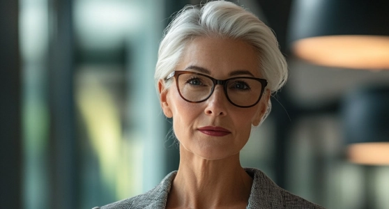 Eine elegant gekleidete Geschäftsfrau mit grauen Haaren und Brille hält ein Tablet in einem modernen Büro.