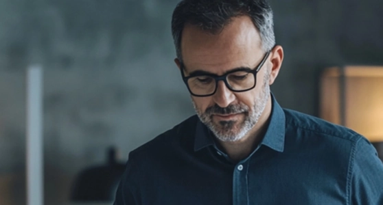 Query successful  Gemini said  An architect wearing glasses and a dark button-down shirt carefully examines a white 3D scale model of a modern building complex in a dimly lit studio.