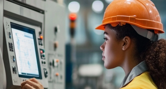 Eine Industriearbeiterin mit orangefarbenem Schutzhelm und Warnweste bedient eine digitale Steuerungseinheit in einer Fertigungshalle.