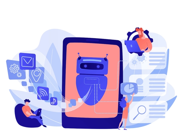 Illustration eines Chatbots auf einem Smartphone, umgeben von Personen und Symbolen für Kommunikation, Suche, Automatisierung und digitale Assistenz in einer vernetzten Arbeitsumgebung.