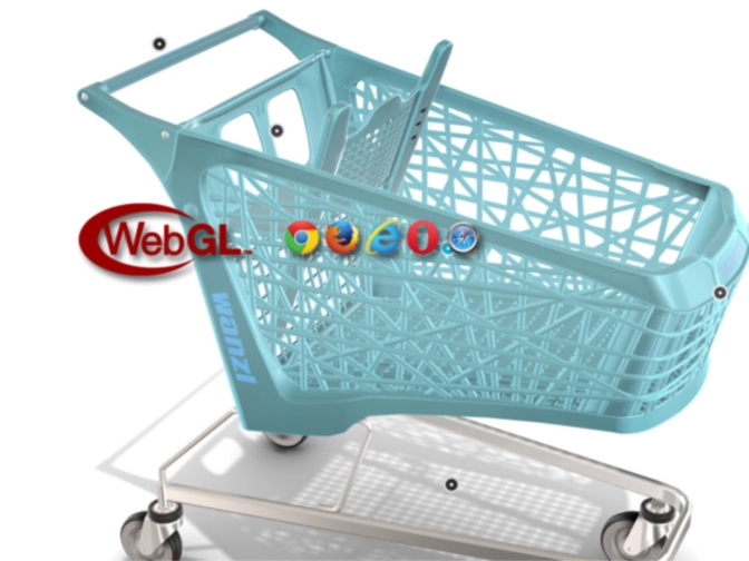 D-Visualisierung eines türkisfarbenen Einkaufswagens auf weißem Hintergrund, mit WebGL-Logo und generischen Browser-Symbolen an der Seite.