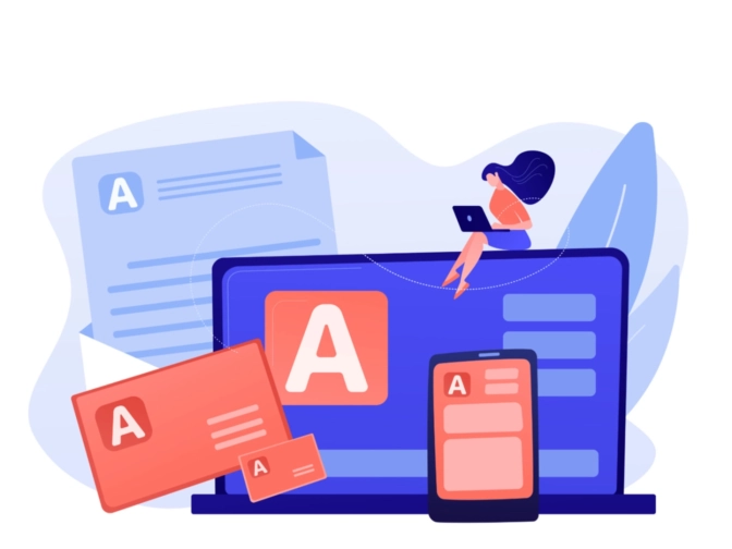 Illustration einer Contentstrategie mit Laptop, Smartphone und Dokumenten, die ein großes ‚A‘ zeigen, während eine Person mobil am Laptop arbeitet und digitale Inhalte symbolisiert werden